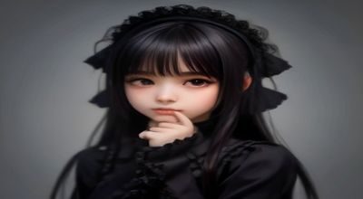 gothic lolita 风格少女身着黑色蕾丝礼服裙，搭配十字架项链与黑白配色头饰，神秘优雅
