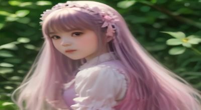 sweet lolita 风格少女身着粉色草莓印花蓬蓬裙，搭配蝴蝶结发饰与泡泡袖衬衫，甜美可爱